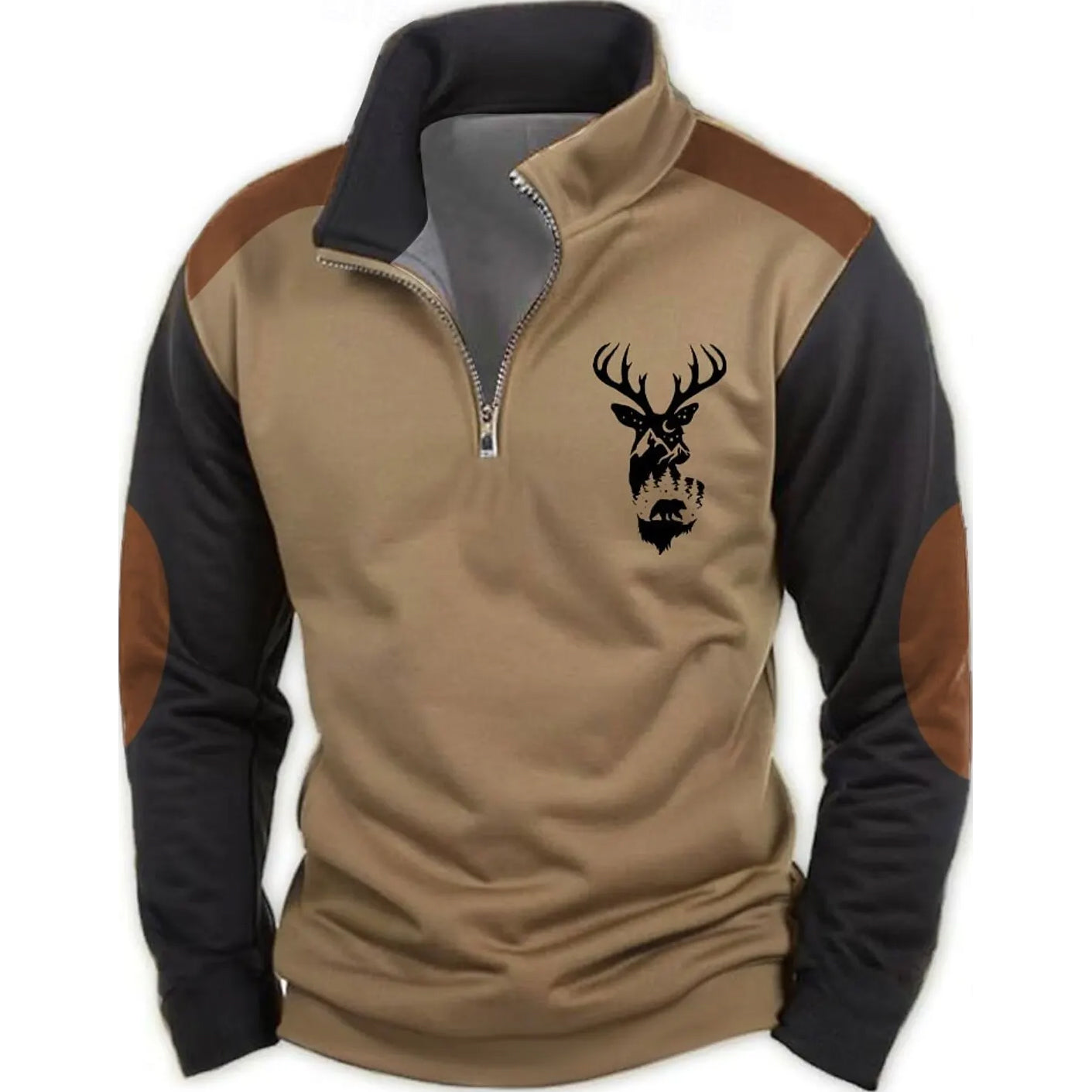 Beige and black jacket with a deer emblem on a white background