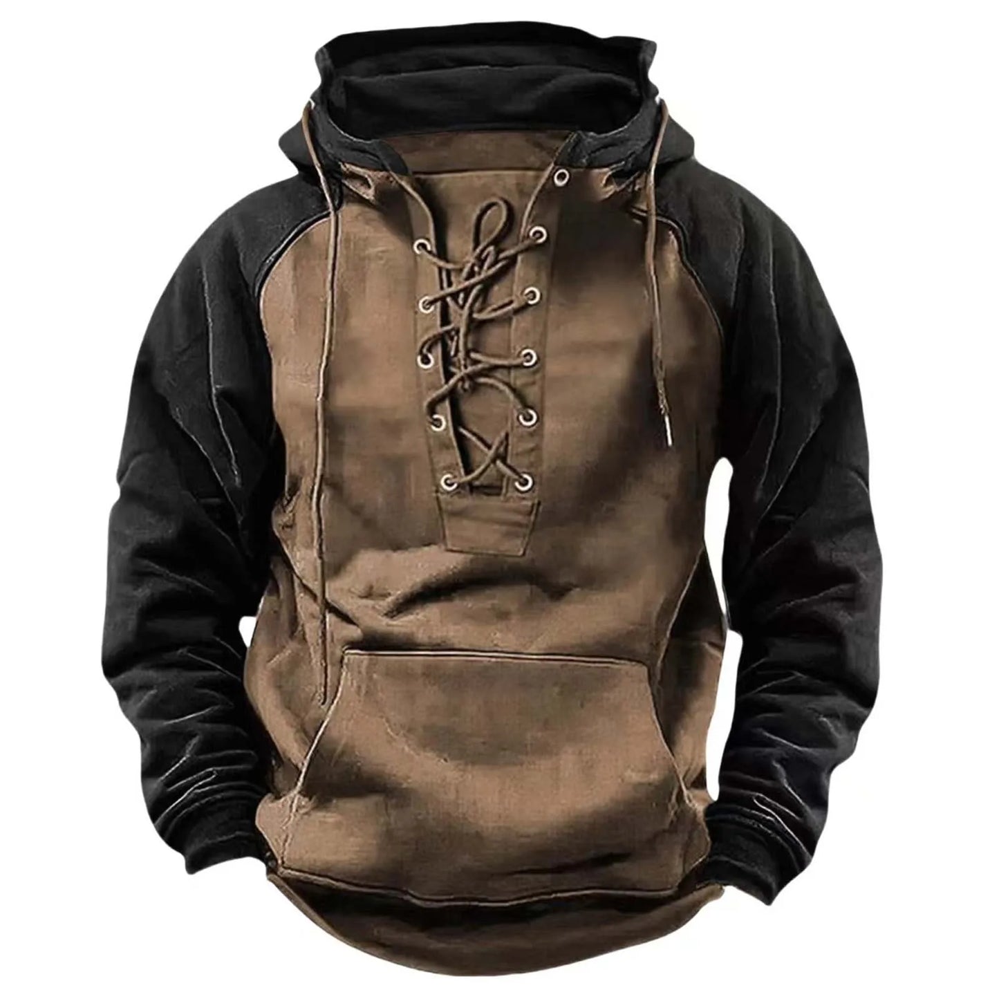 Brown and black hoodie with lace-up front on a white background