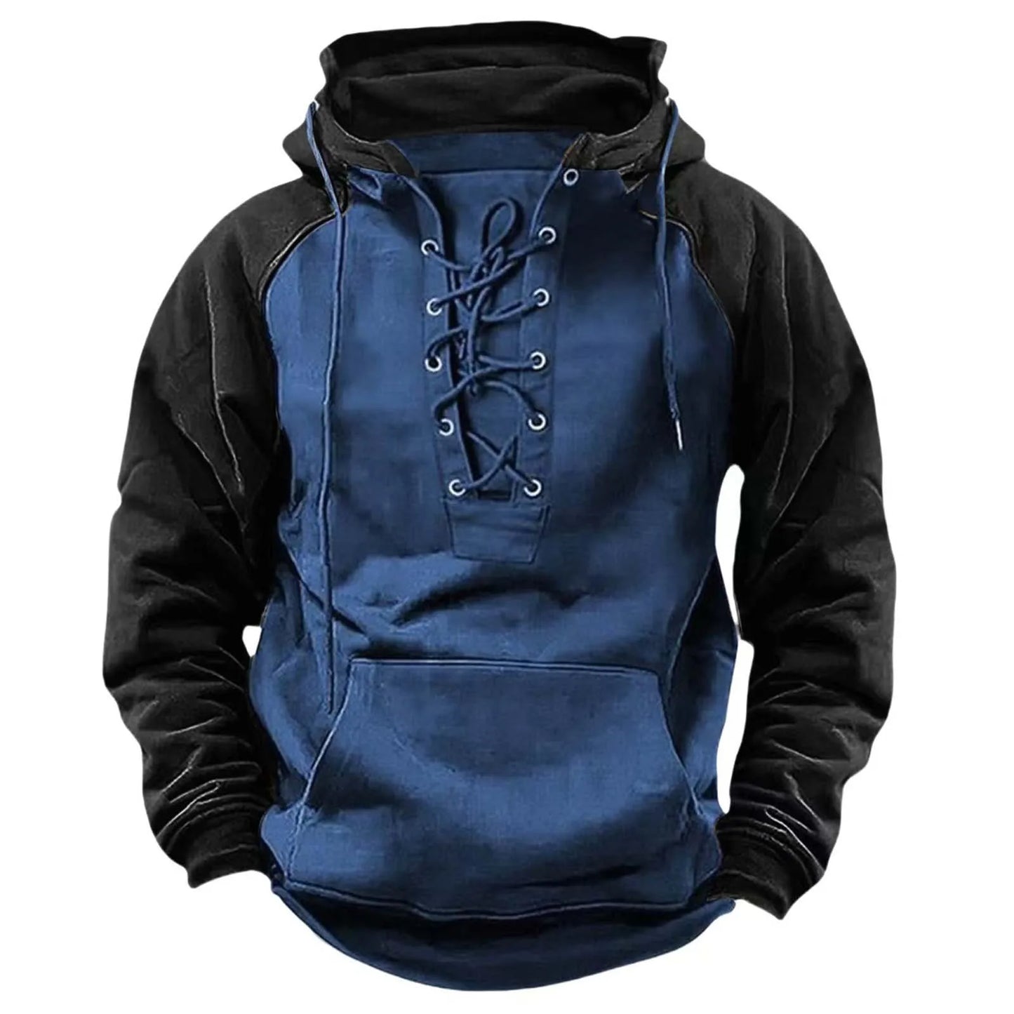 Blue and black hoodie with lace-up front on a white background