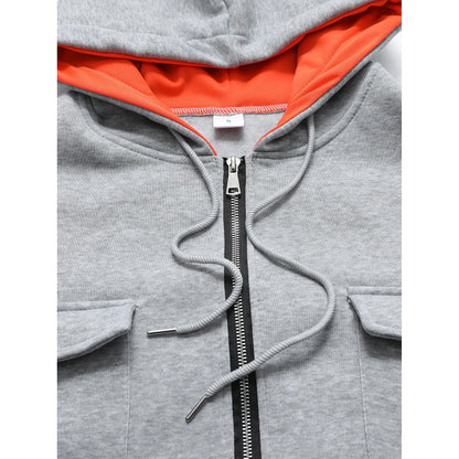 Gray hoodie with a black zipper and orange lining on a white background