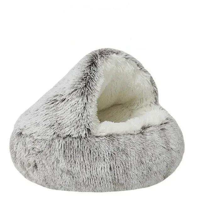 Fluffy gray pet bed on a white background