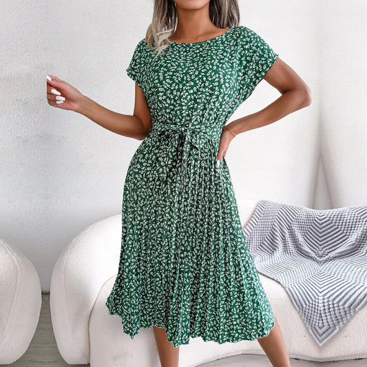 Floral Short Sleeve Pleated Dress
