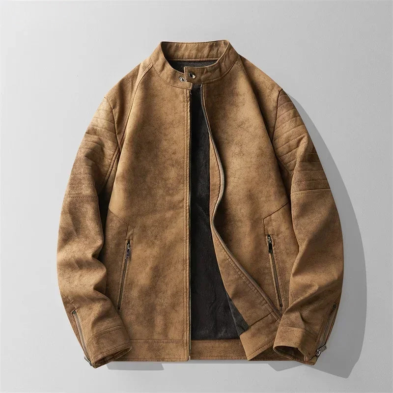 Brown leather jacket on a light gray background