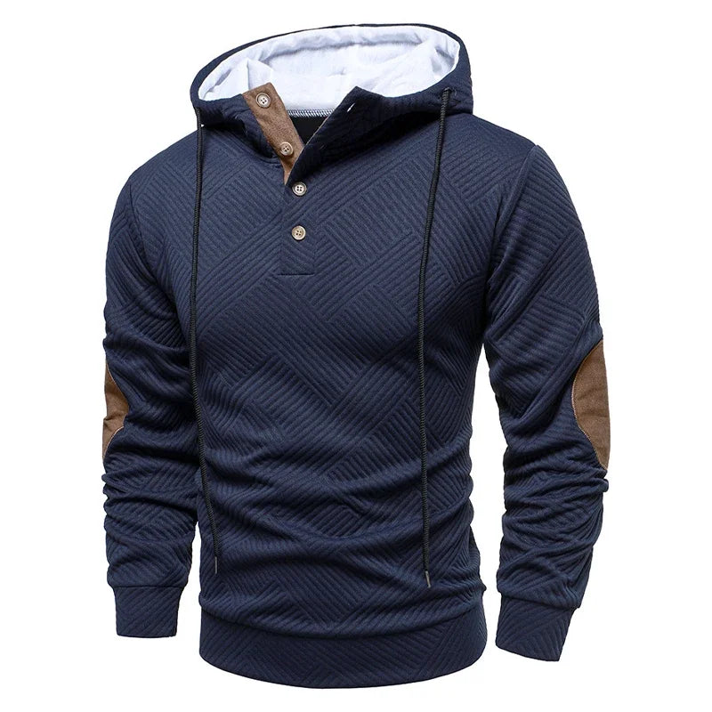Navy blue hoodie with brown accents on a white background