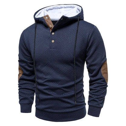 Navy blue hoodie with brown accents on a white background