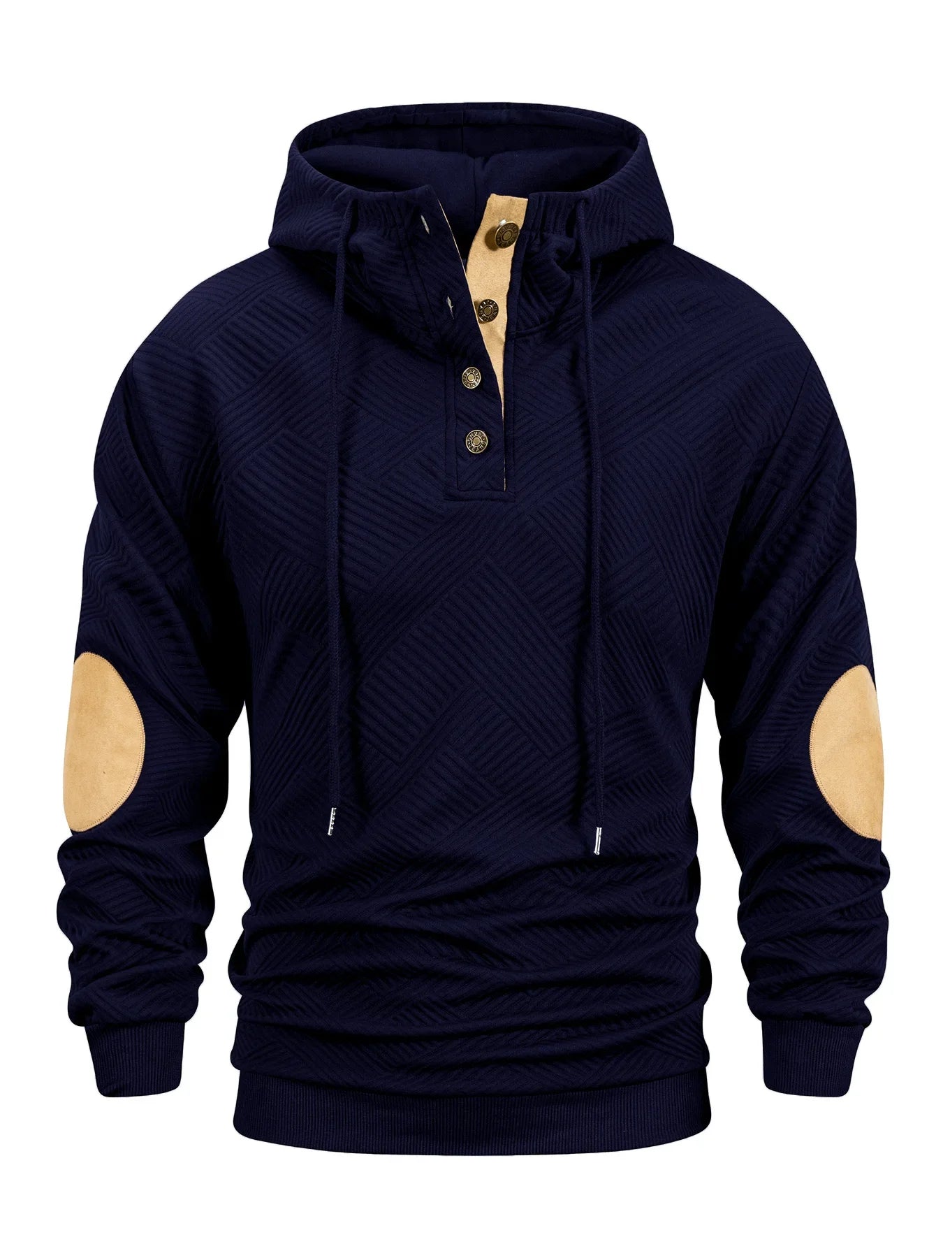 Navy blue hoodie with beige accents on a white background