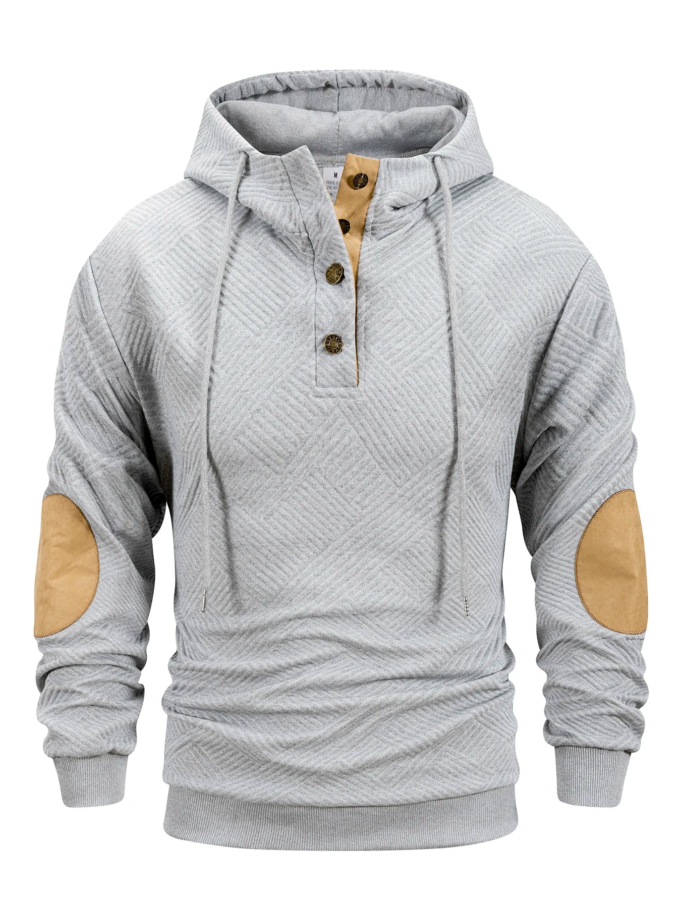 Gray hoodie with beige elbow patches on a white background