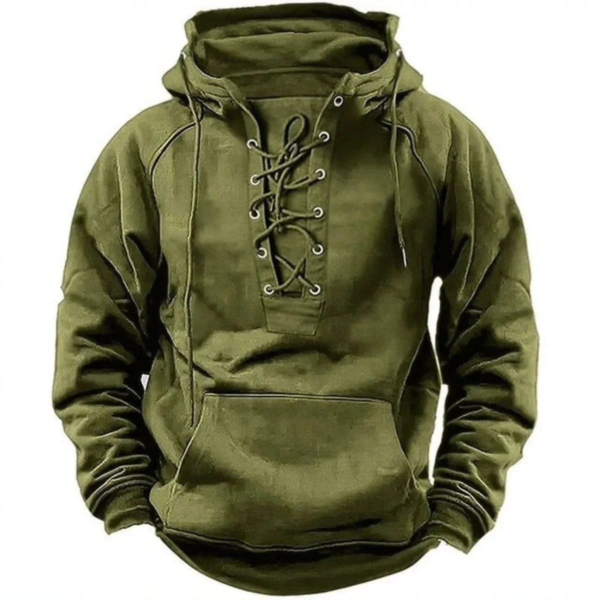 Green hoodie with lace-up front on a white background