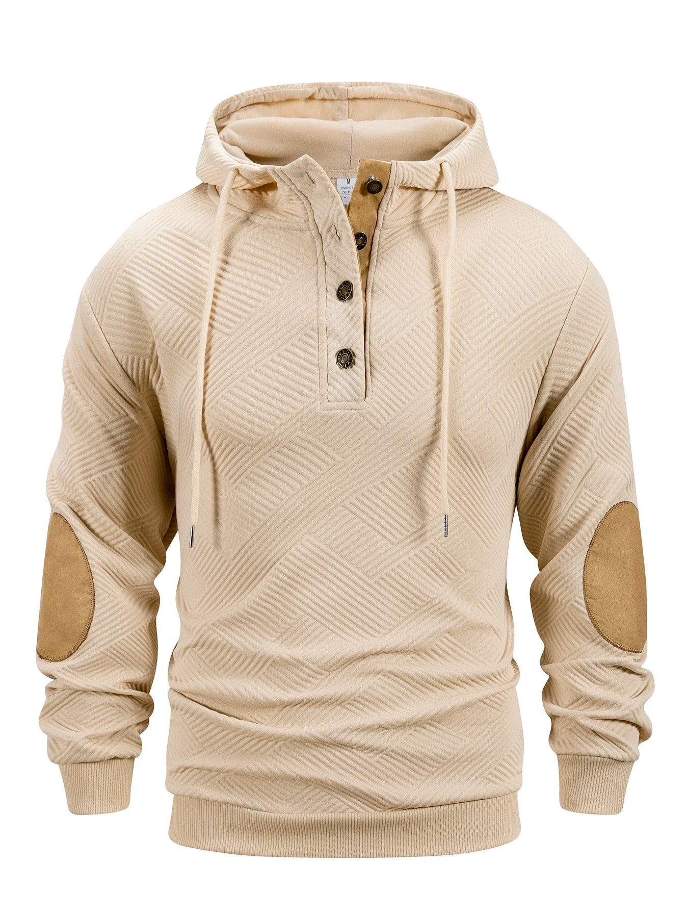 Beige hoodie with button details on a white background
