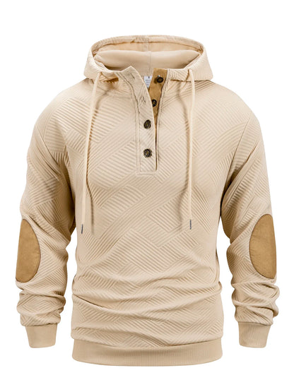 Beige hoodie with button details on a white background