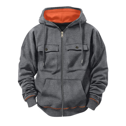 Gray hoodie with orange lining on a white background