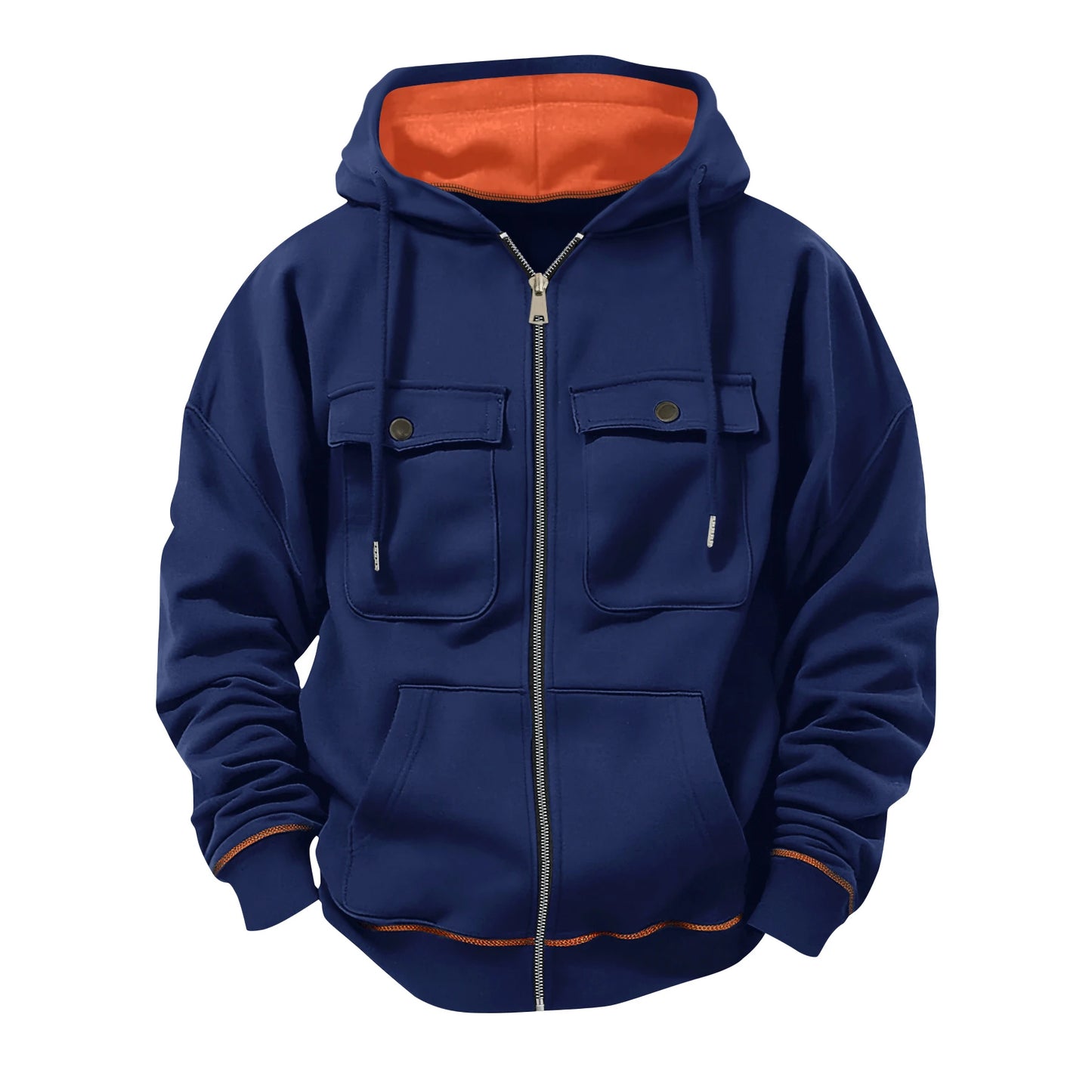 Blue hoodie with orange lining on a white background