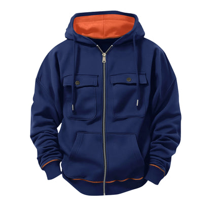 Blue hoodie with orange lining on a white background