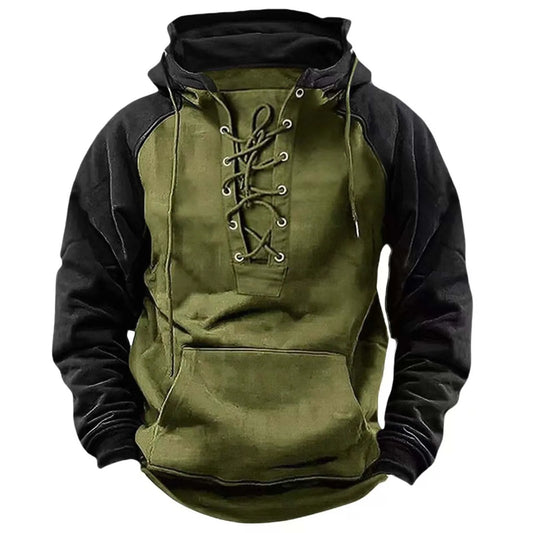 Green and black hoodie with lace-up front on a white background
