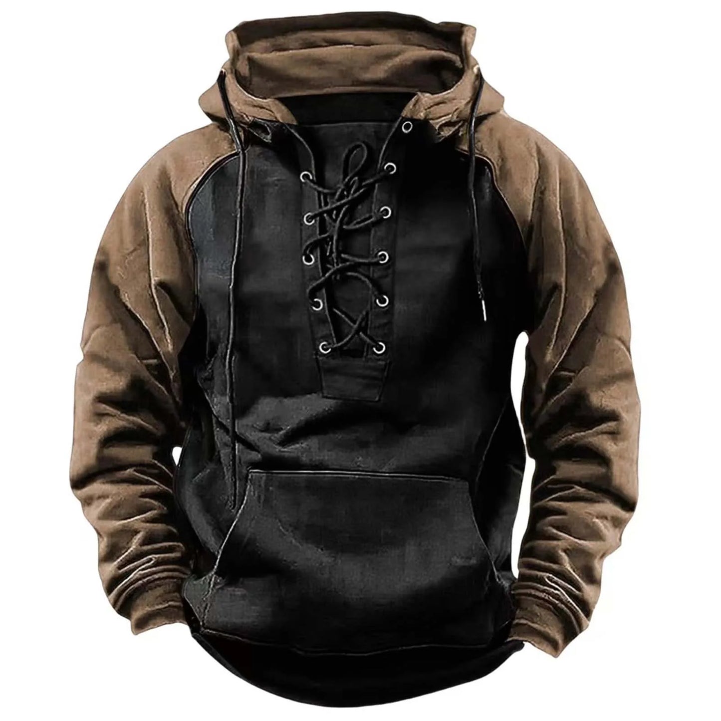 Brown and black hoodie with lace-up front on a white background