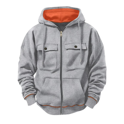 Gray hoodie with orange lining on a white background