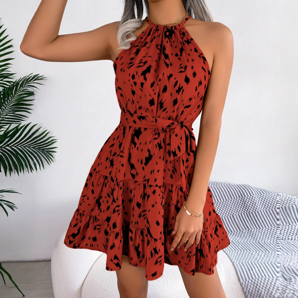 Leopard Print Ruffled Halter-Neck Dress