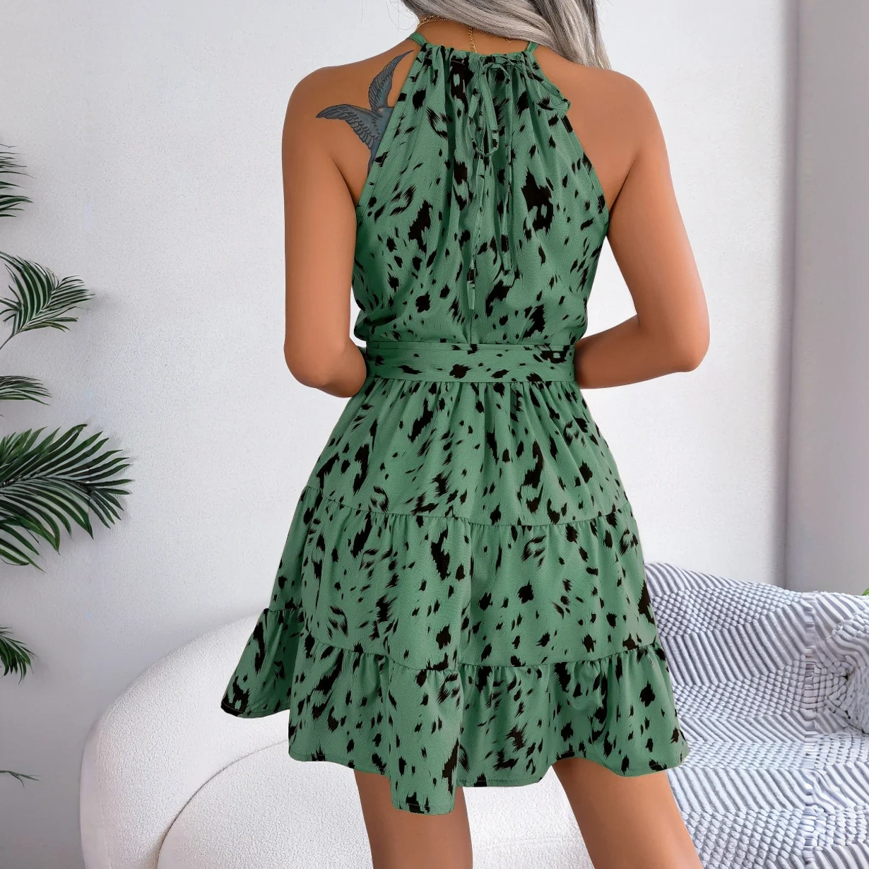 Leopard Print Ruffled Halter-Neck Dress