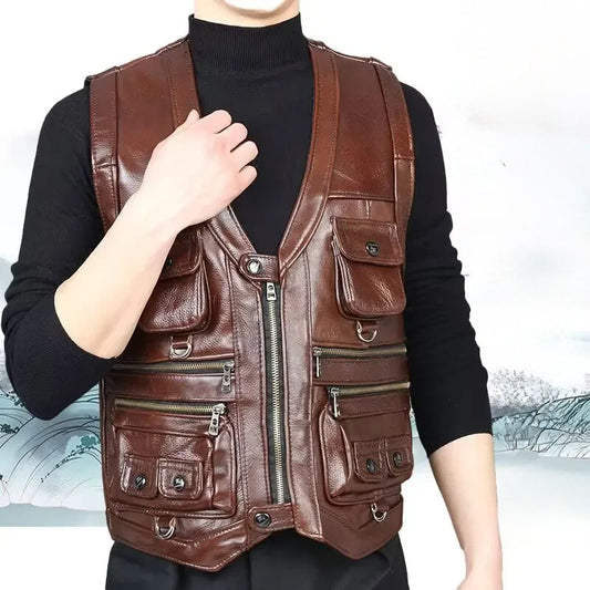 Brock Multi-Pocket Leather Motorcycle Vest