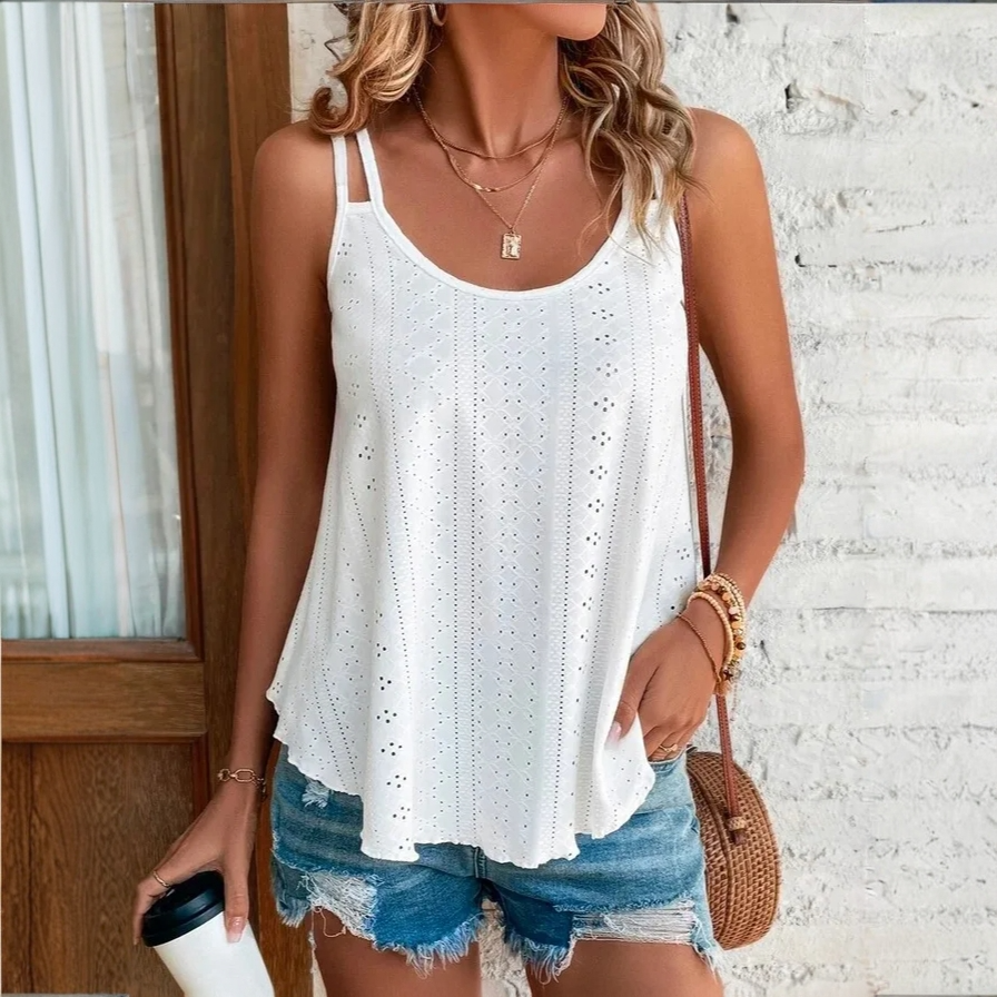 Eyelet Tank Top with Scalloped Hem